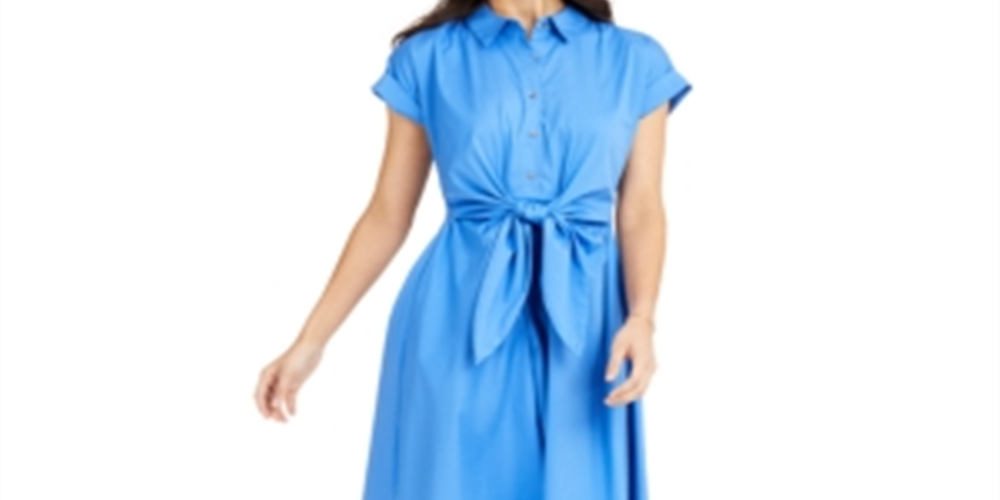 Charter Club Women's Cotton Tie Waist Fit & Flare Dress Blue Size 18