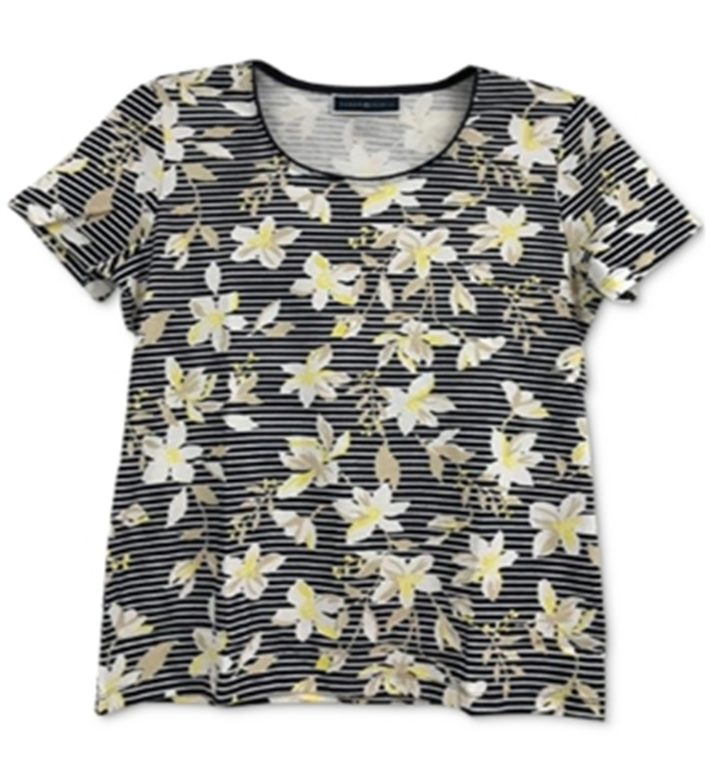 Karen Scott Women's Striped Floral T-Shirt Blue Size X-Large