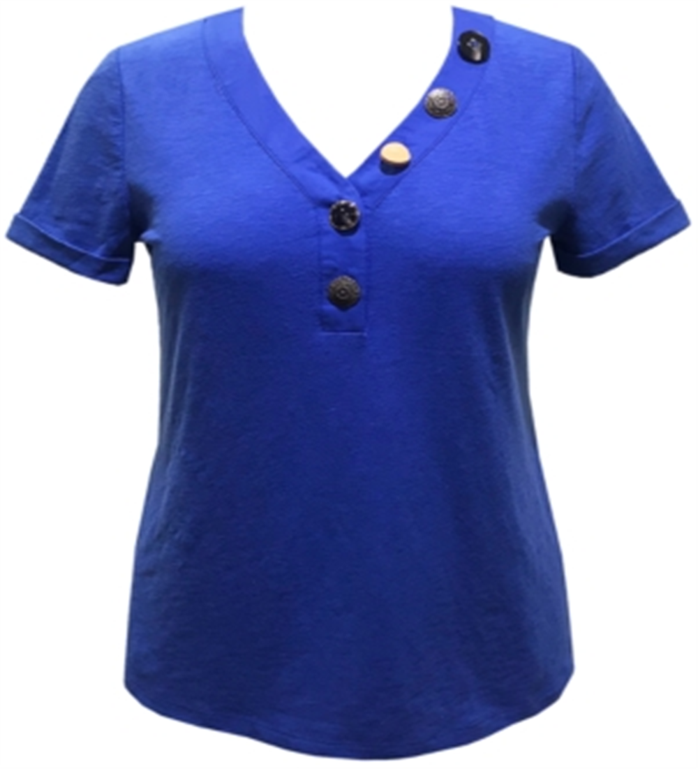 JM Collection Women's Mixed Button Top Blue Size Large