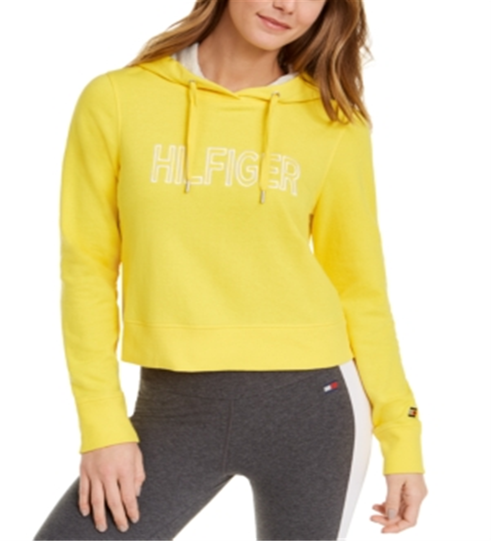 Tommy Hilfiger Women's Sport Logo Cropped Hoodie Yellow Size XX-Large