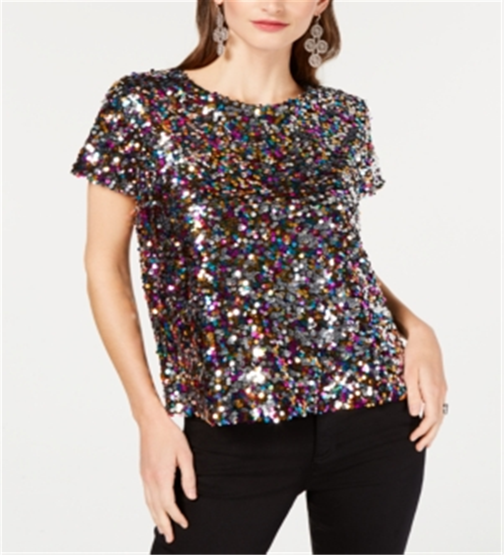 INC International Concepts Women's Sequined T-Shirt  Black Size Large