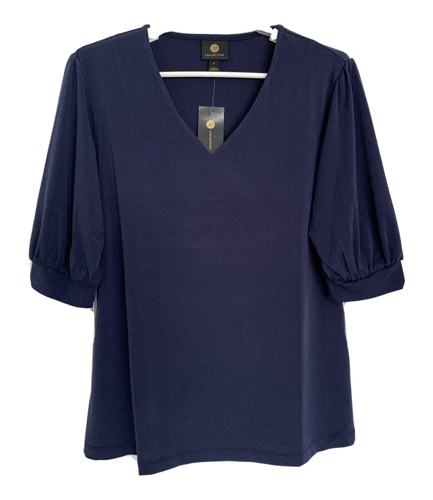JM Collection Women's Puff Sleeve V Neck Top Blue Size Small
