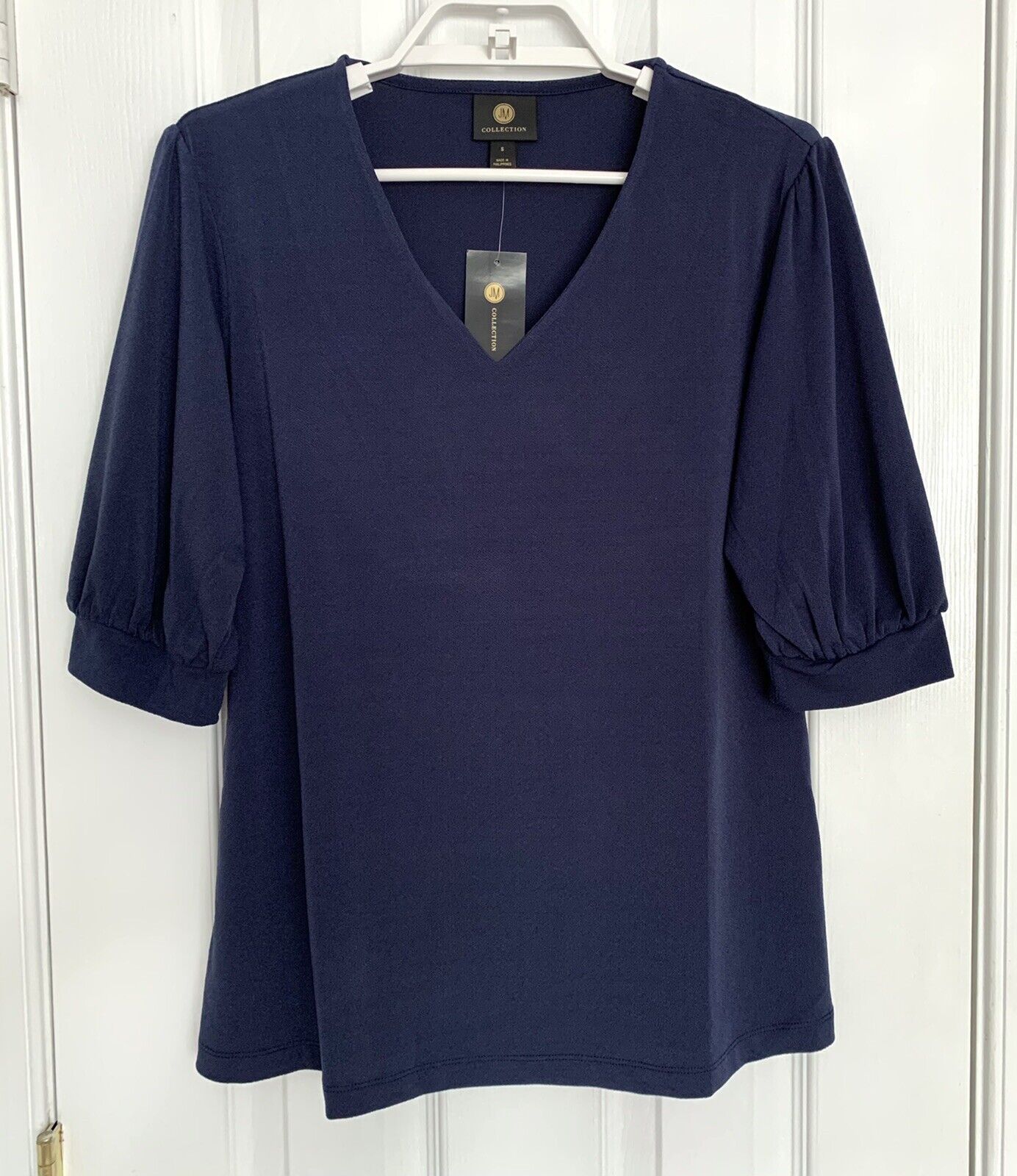 JM Collection Women's Puff Sleeve V Neck Top Blue Size Small