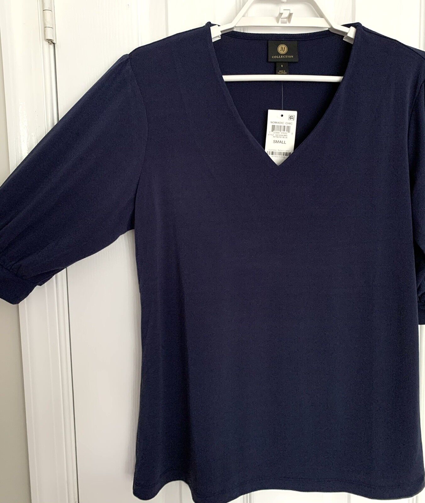 JM Collection Women's Puff Sleeve V Neck Top Blue Size Small