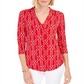 Charter Club Women's Printed Pleated-Neck Top Red Size Petite X-Small