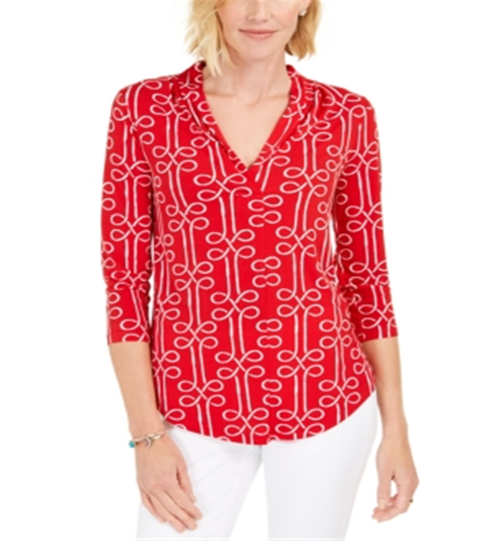 Charter Club Women's Printed Pleated-Neck Top Red Size Petite X-Small