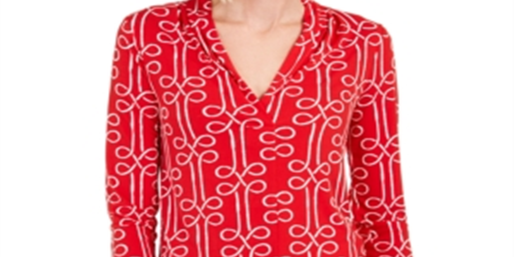 Charter Club Women's Printed Pleated-Neck Top Red Size Petite X-Small