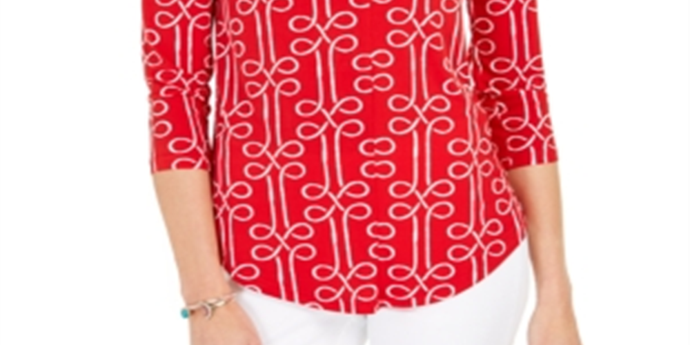 Charter Club Women's Printed Pleated-Neck Top Red Size Petite X-Small