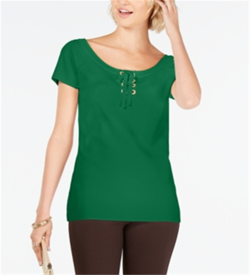 INC International Concepts Women's Petite Lace-up Scoop-Neck Top Green Size PXL
