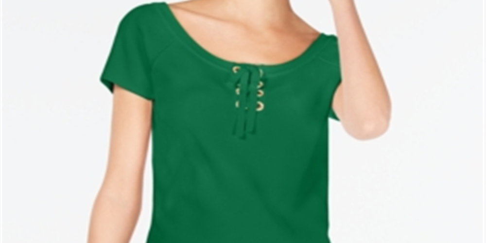 INC International Concepts Women's Petite Lace-up Scoop-Neck Top Green Size PXL
