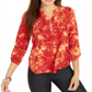 NY Collection Women's Notations 3/4 Sleeve Split Button Neck Tee Red Size Petite Large