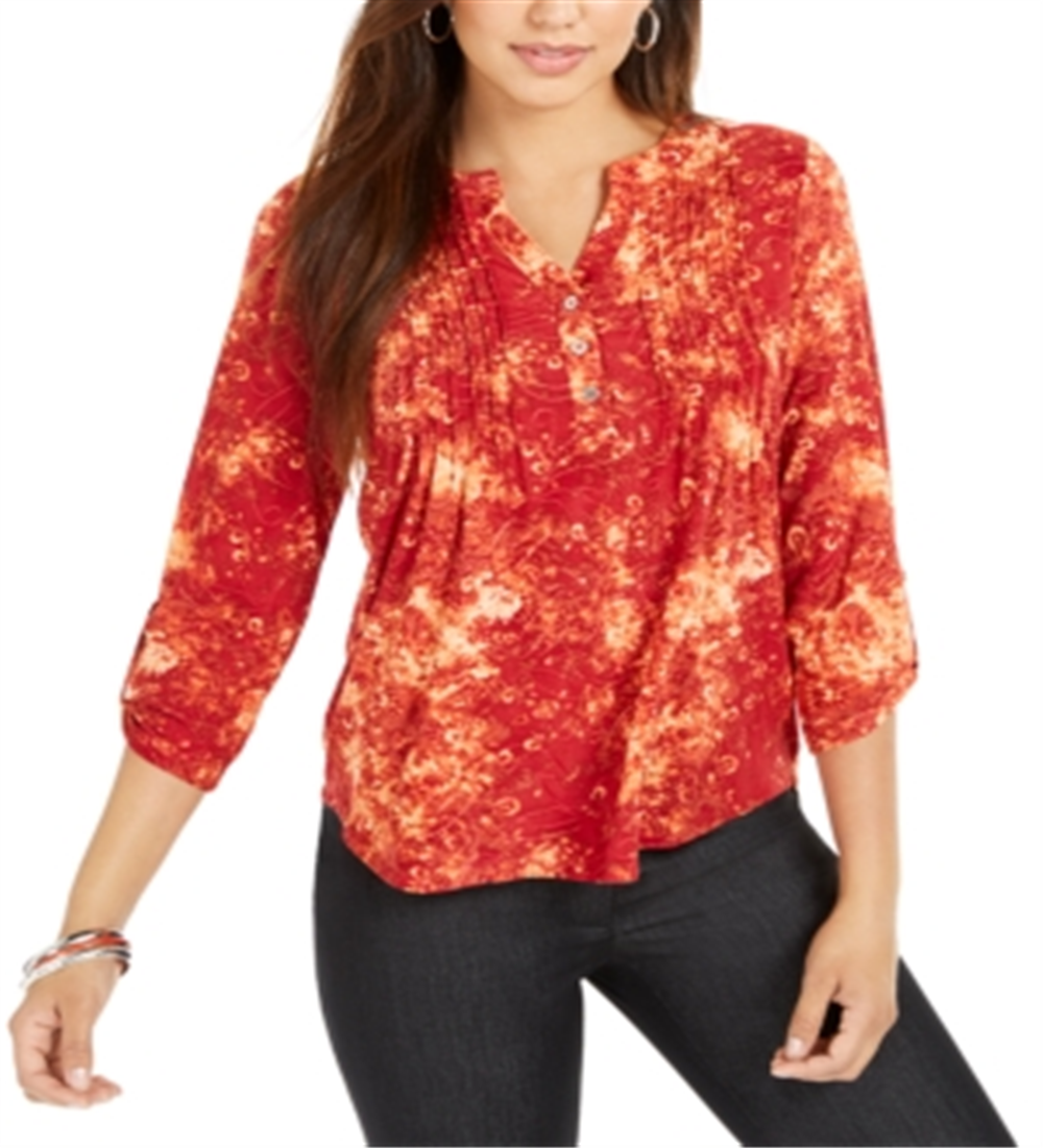 NY Collection Women's Notations 3/4 Sleeve Split Button Neck Tee Red Size Petite Large