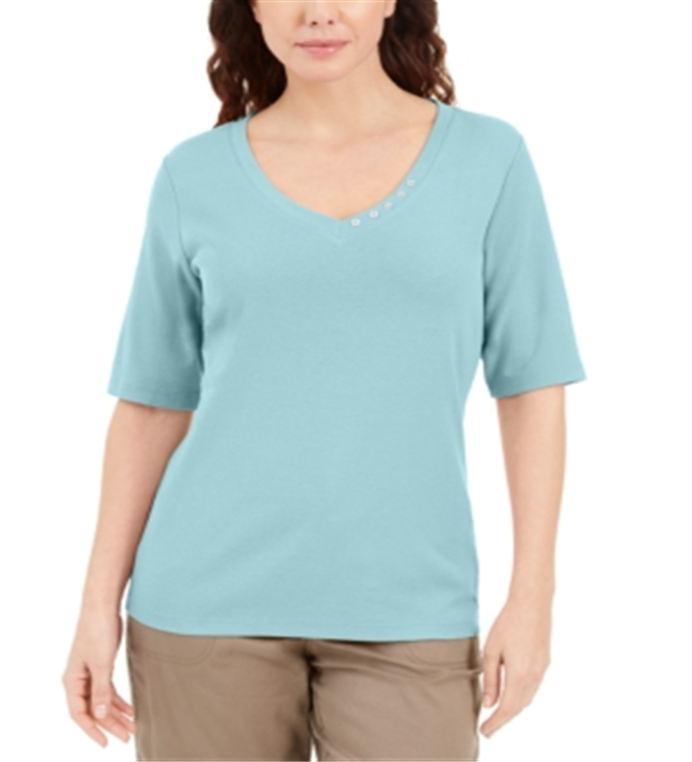 Karen Scott Button-Detail V-Neck Top Blue Size 2XL