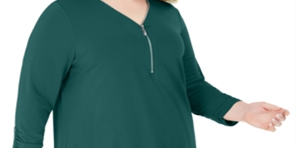 JM Collection Women's Solid Zip Top Green Size 1X