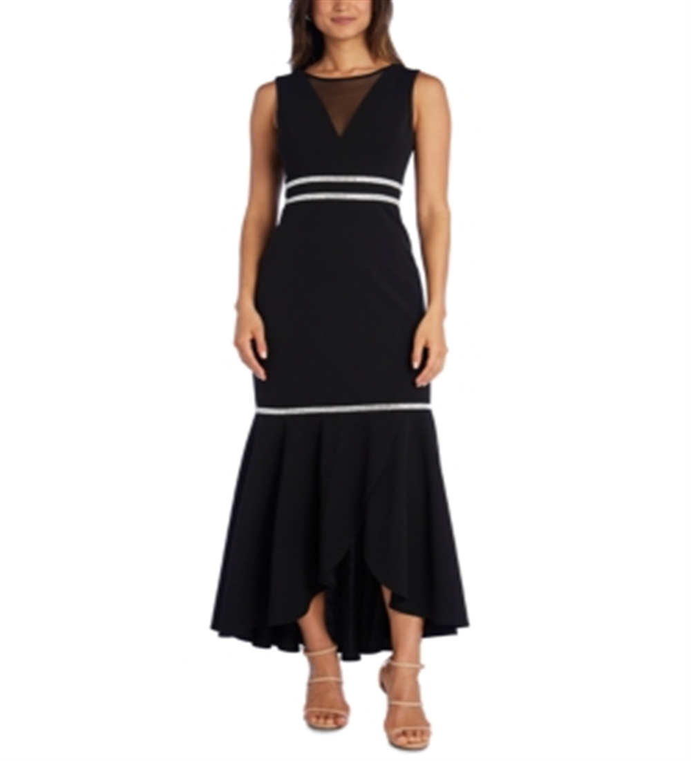 R & M Richards Women's Embellished Sleeveless Illusion Neckline Maxi Formal Drop Waist Dress Black Size 10 Petite