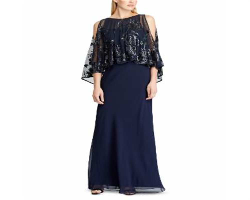 Ralph Lauren Women's Sequined Overlay Georgette Gown Blue Size 12