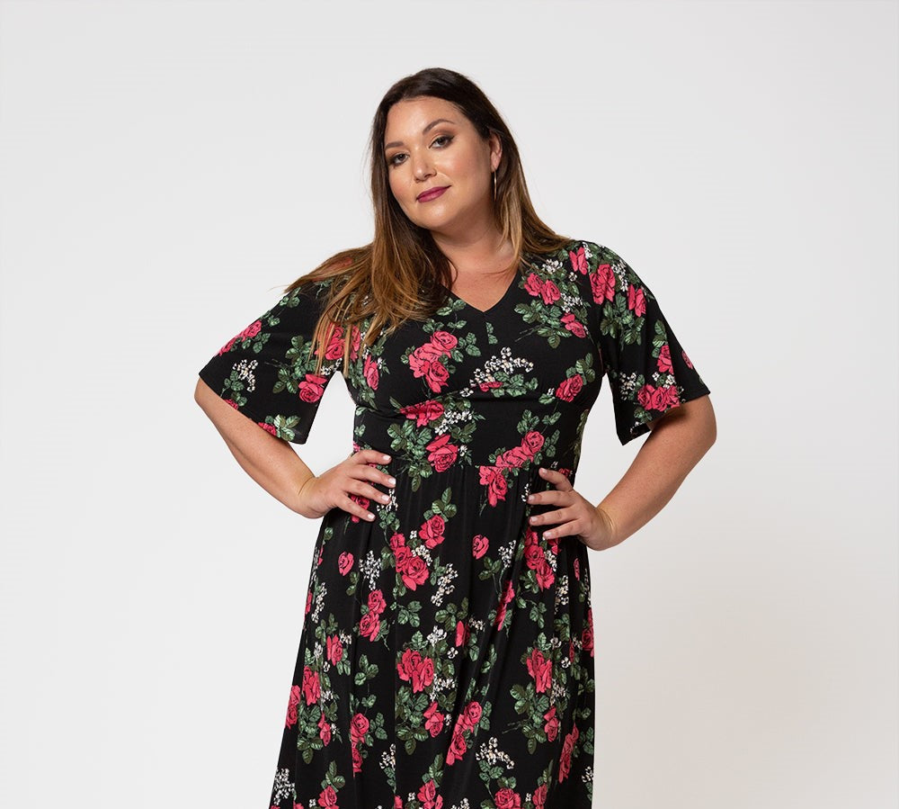 Leota Women's Short Sleeve Zoe Dress in Ruby Rose (Curve) BlacK