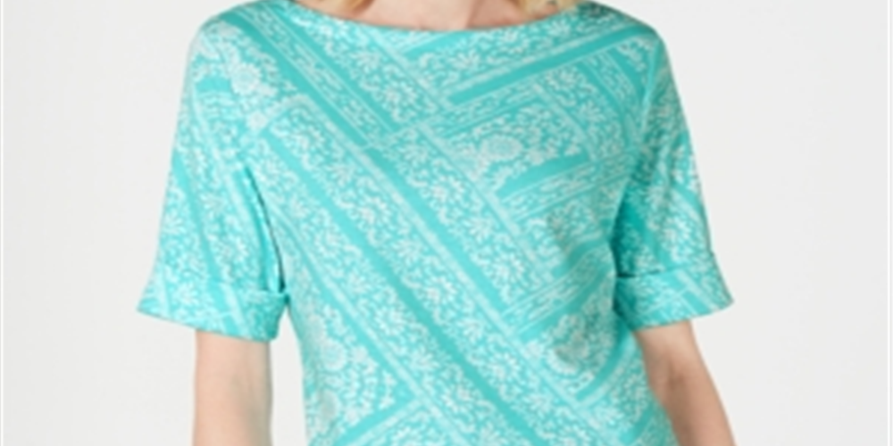 Karen Scott Women's Patterned Short Sleeve Jewel Neck Top Blue Size Small