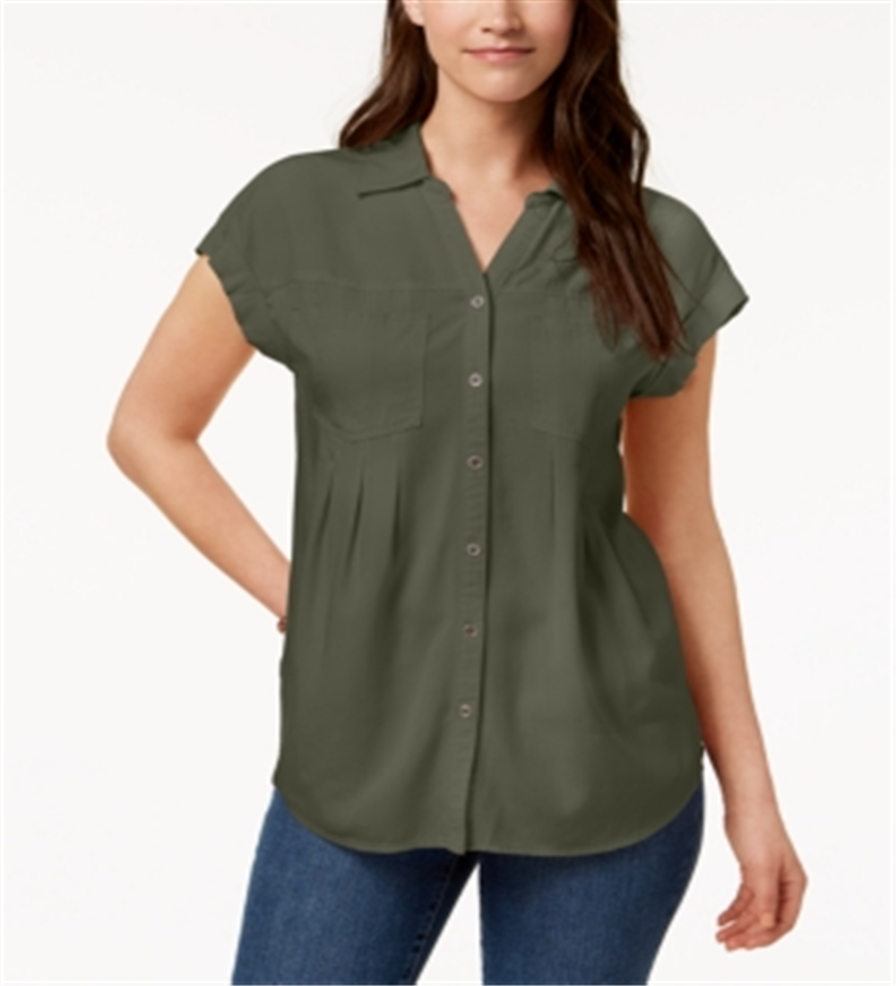 Style & Co Women's Short Sleeve Button up Top Green Size X-Large