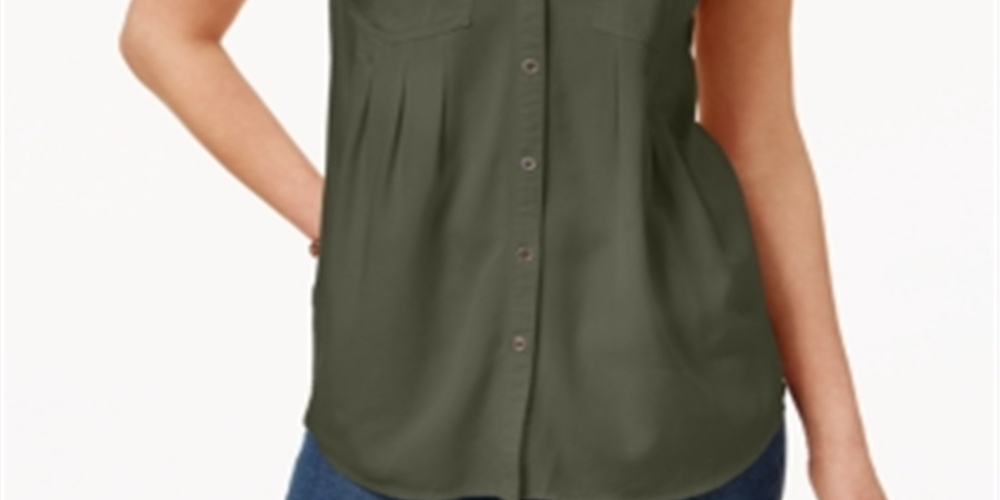 Style & Co Women's Short Sleeve Button up Top Green Size X-Large