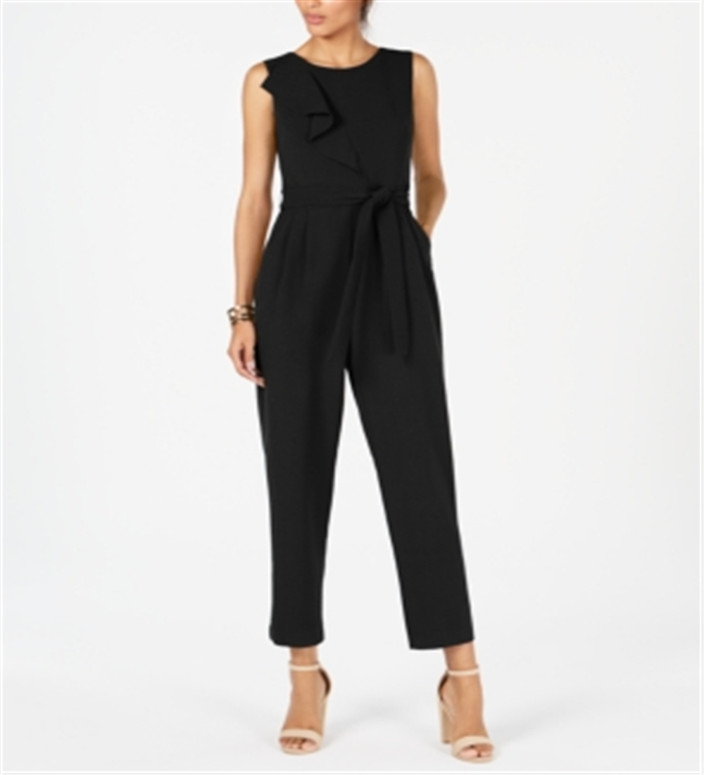 Jessica Howard Women's Cascading Ruffle Ruched at Side Sleeveless Jewel Neck Evening Cropped Jumpsuit Black Size 14