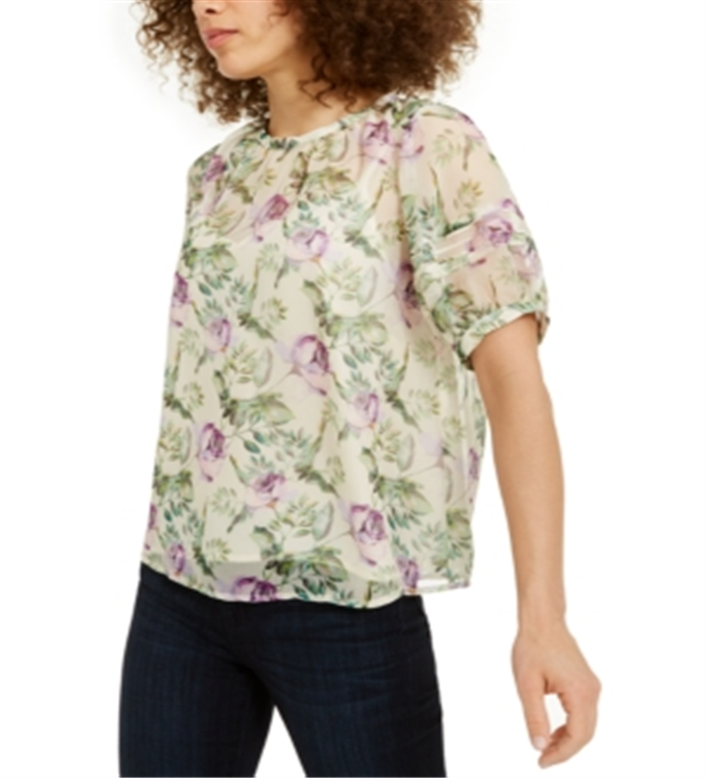 INC International Concepts Women's Puff Sleeve Floral Blouse White Size X-Large