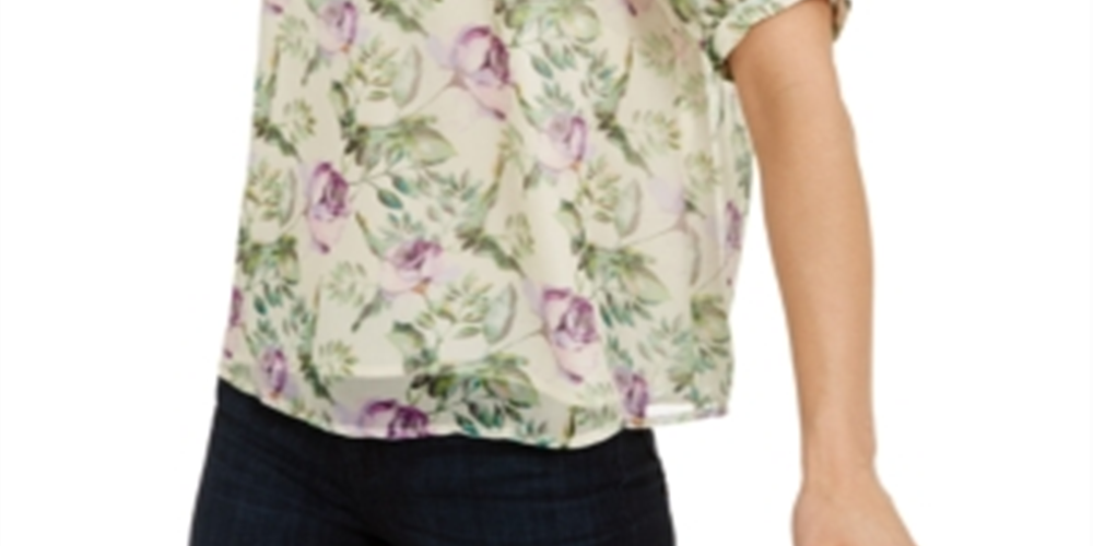 INC International Concepts Women's Puff Sleeve Floral Blouse White Size X-Large