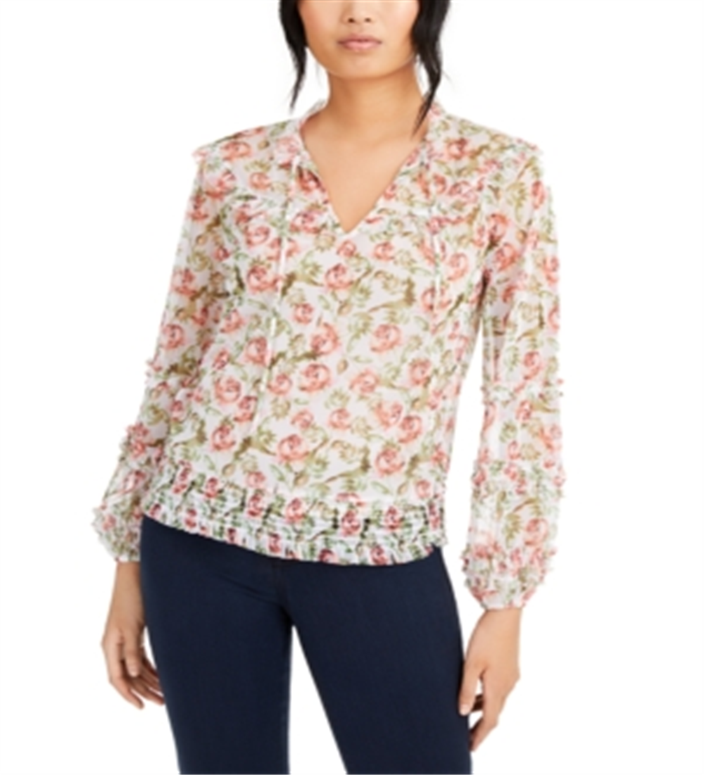 INC International Concepts Women's Printed Smocked Blouse White Size X-Large