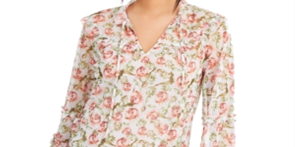 INC International Concepts Women's Printed Smocked Blouse White Size X-Large
