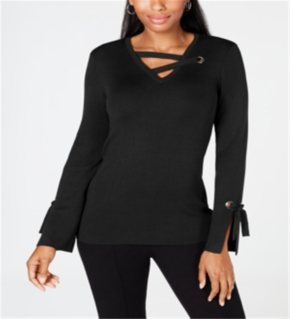 JM Collection Women's Grommet Trim V Neck Top Black Size Petite XL
