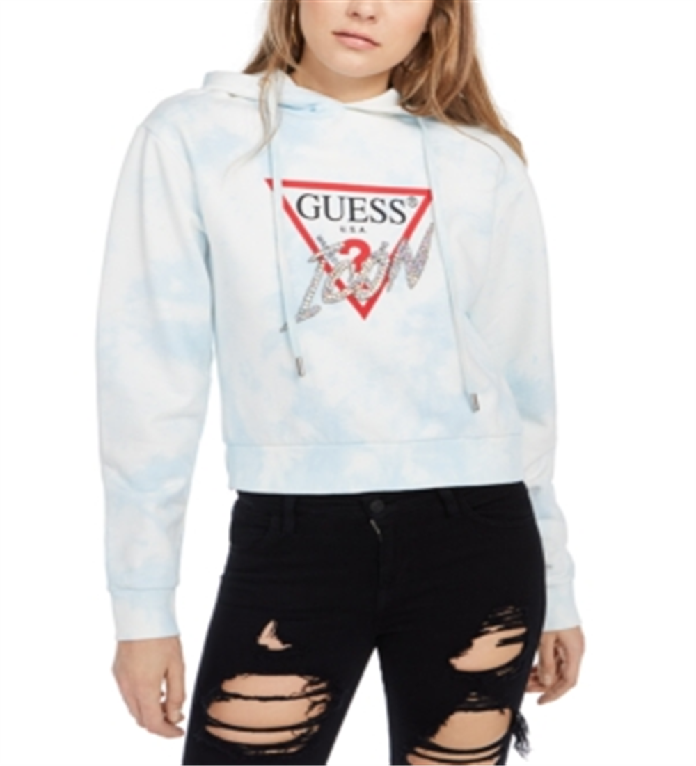 Guess Women's Dye Embellished Icon Sweatshirt Tie Blue Size Medium
