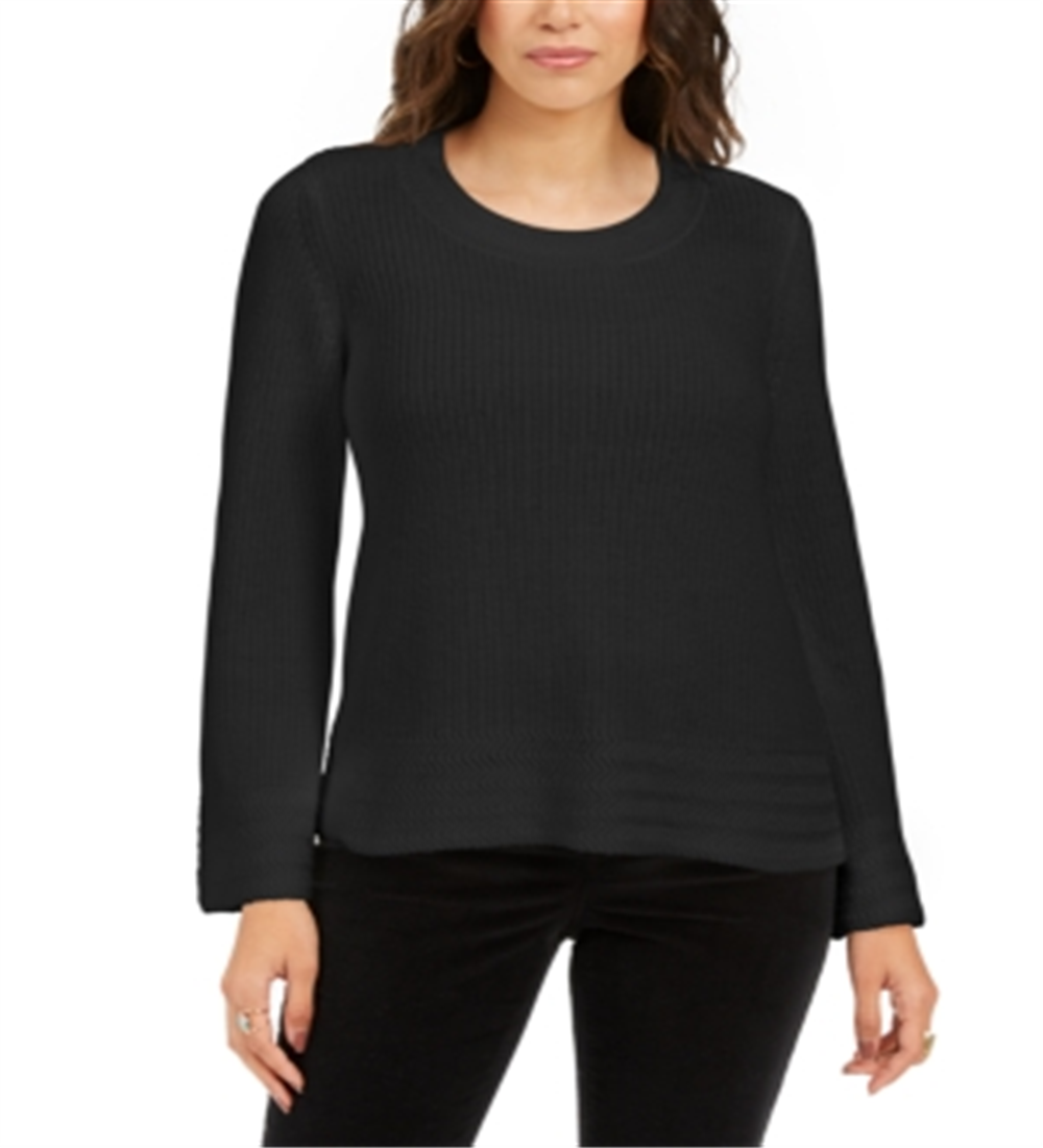 Style & Co Women's Textured Knitted Printed Long Sleeve Scoop Neck T-Shirt Sweater Size Black Size Petite L