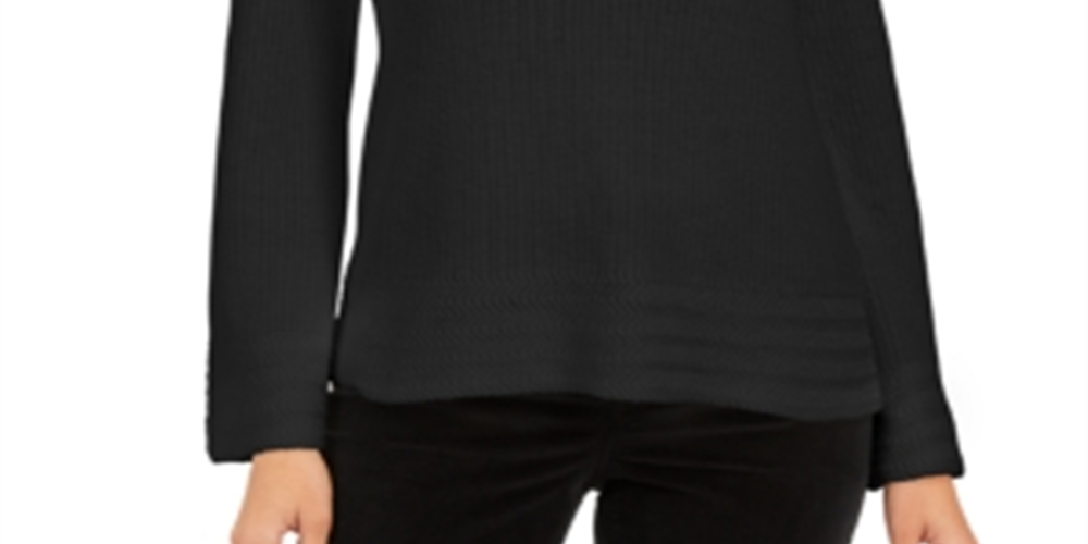 Style & Co Women's Textured Knitted Printed Long Sleeve Scoop Neck T-Shirt Sweater Size Black Size Petite L
