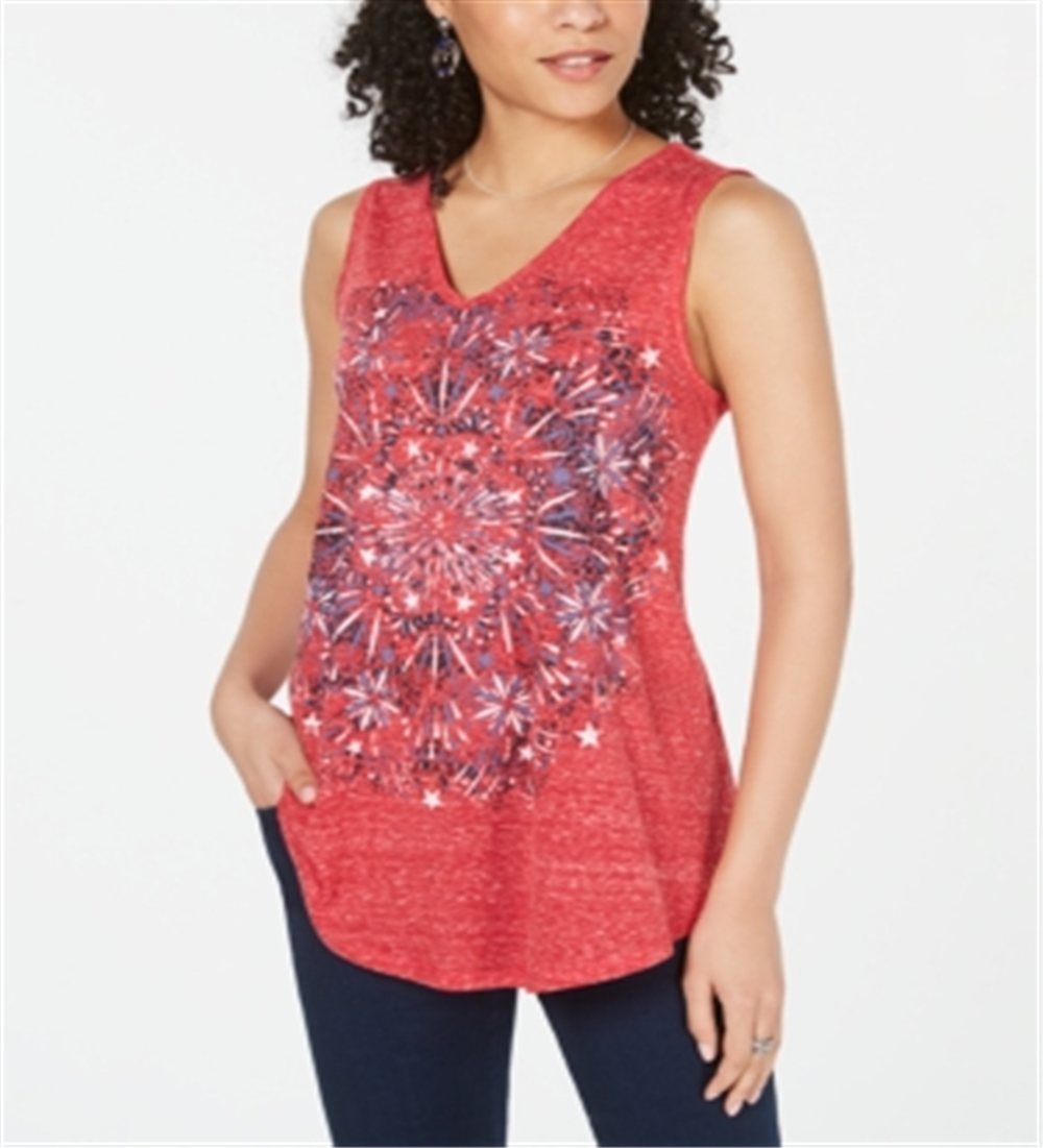 Style & Co Women's Graphic V Neck Swing Top Red Size Large