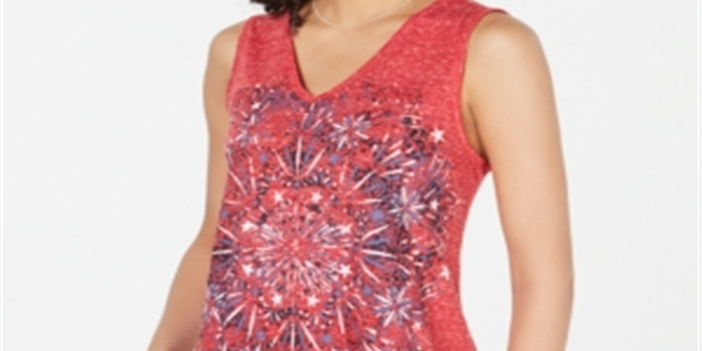 Style & Co Women's Graphic V Neck Swing Top Red Size Large