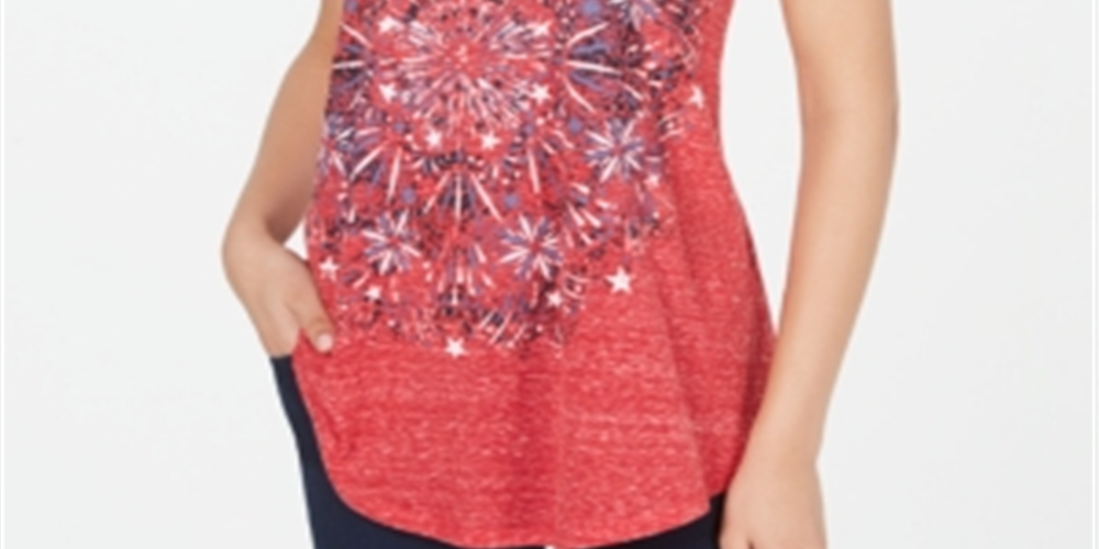 Style & Co Women's Graphic V Neck Swing Top Red Size Large
