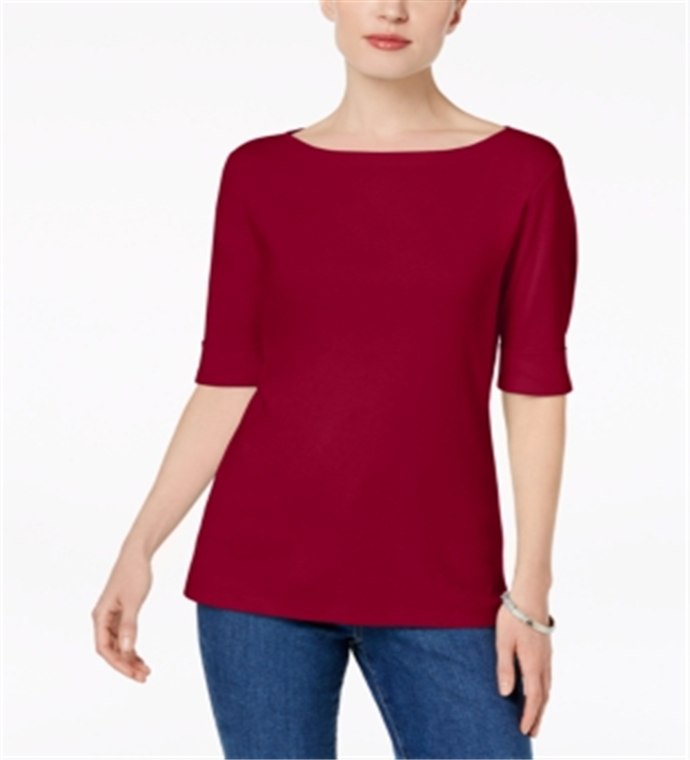 Karen Scott Women's Cuffed Sleeve Boat Neck T-Shirt Red Size Petite XL