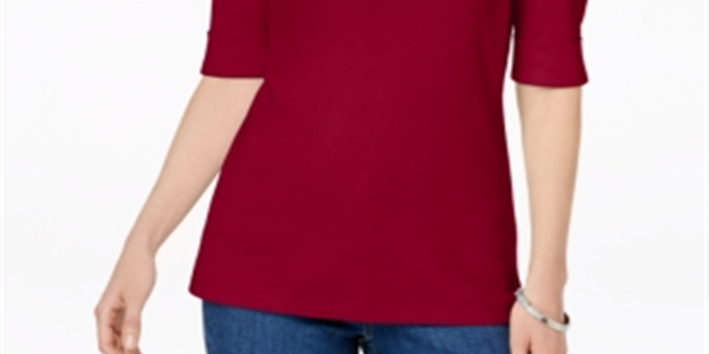Karen Scott Women's Cuffed Sleeve Boat Neck T-Shirt Red Size Petite XL