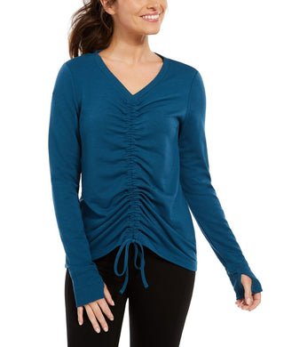 Ideology Women's Tie Ruched Long Sleeve V Neck Active Wear Top Blue Size Small