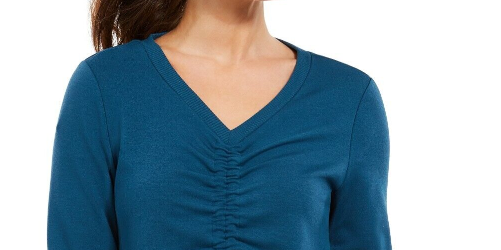Ideology Women's Tie Ruched Long Sleeve V Neck Active Wear Top Blue Size Small