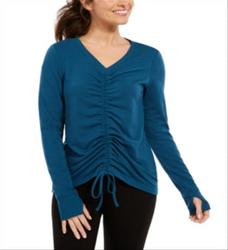 Ideology Women's Tie Ruched Long Sleeve V Neck Active Wear Top Blue Size Small