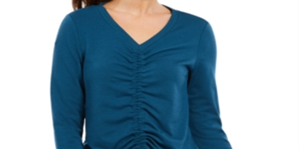Ideology Women's Tie Ruched Long Sleeve V Neck Active Wear Top Blue Size Small