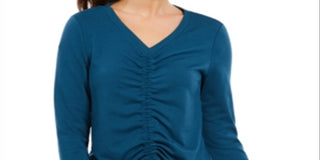 Ideology Women's Tie Ruched Long Sleeve V Neck Active Wear Top Blue Size Small