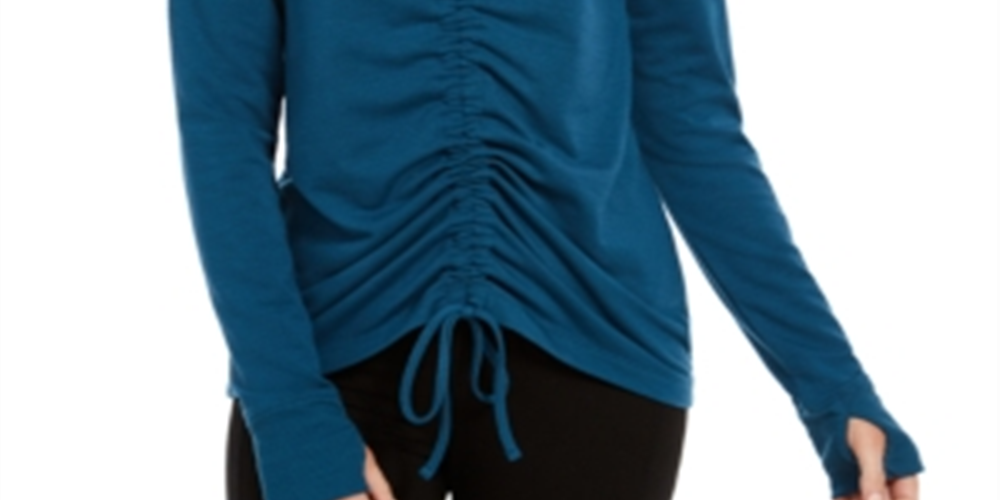 Ideology Women's Tie Ruched Long Sleeve V Neck Active Wear Top Blue Size Small