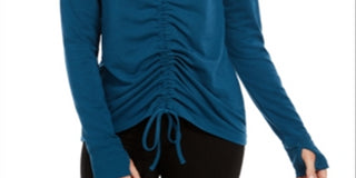 Ideology Women's Tie Ruched Long Sleeve V Neck Active Wear Top Blue Size Small