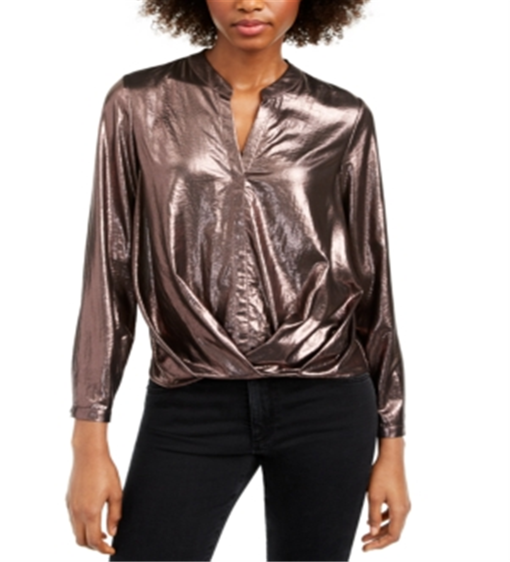 Current Air Women's V Neck Metallic Blouse Brown Size Medium