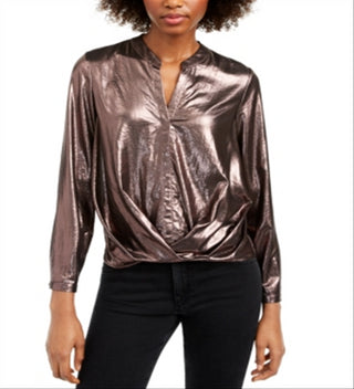 Current Air Women's V Neck Metallic Blouse Brown Size Medium