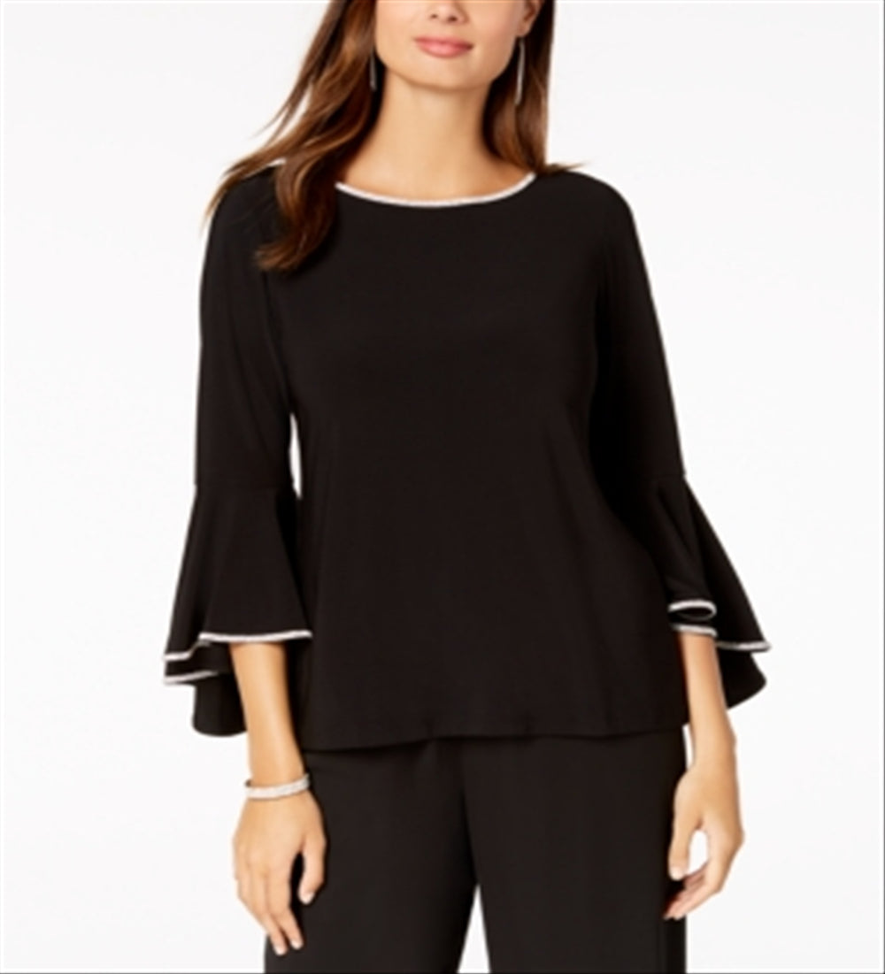 MSK Women's Bell Sleeve Rhinestone Trim Blouse Black Size Petite Medium