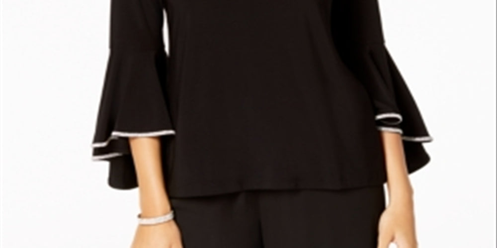 MSK Women's Bell Sleeve Rhinestone Trim Blouse Black Size Petite Medium
