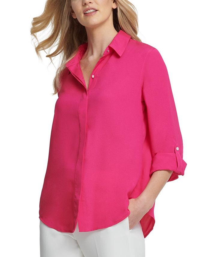 DKNY Women's Cuffed Sleeve Hidden Placket Blouse Pink Size X-Large